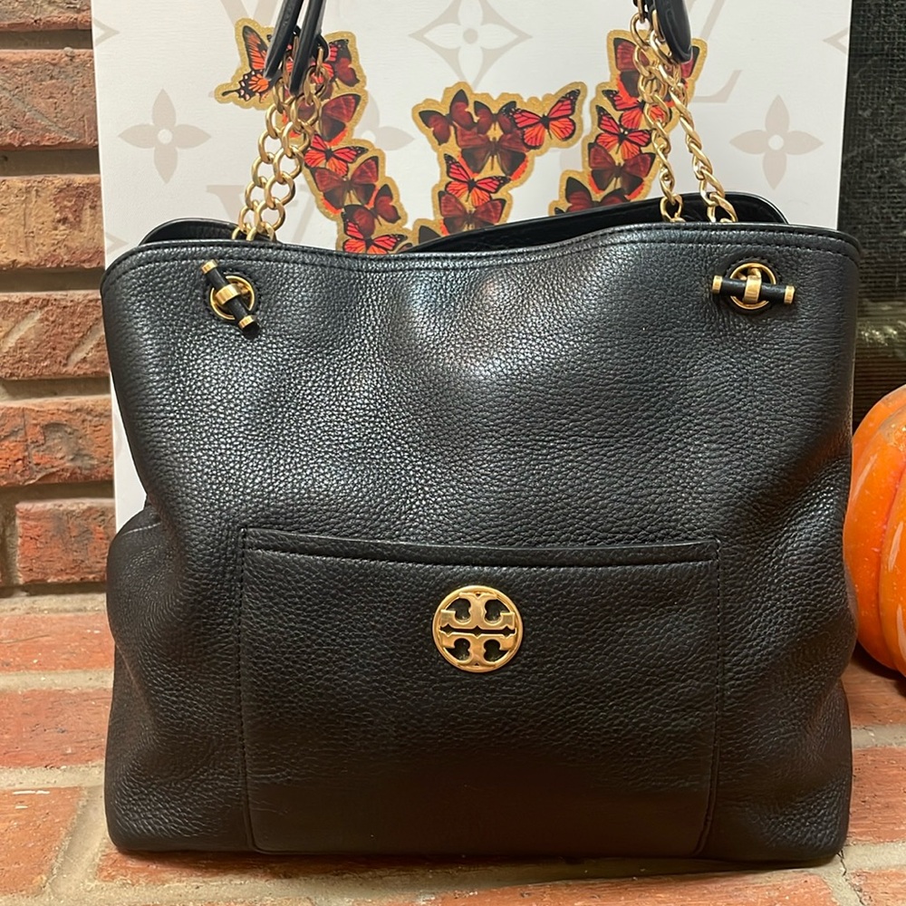 Tory Burch Black Leather Tote with Gold Accents
